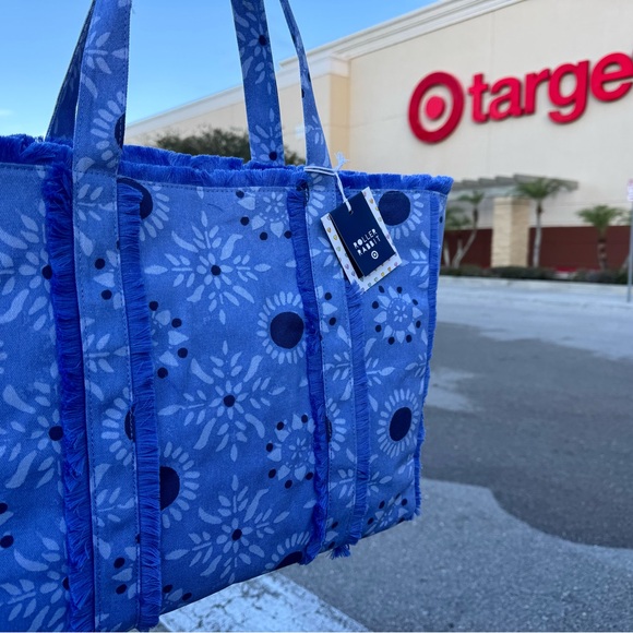 💙 Roller Rabbit x Target Star Medallion Fringe Canvas Tote Bag Blue - Picture 2 of 9